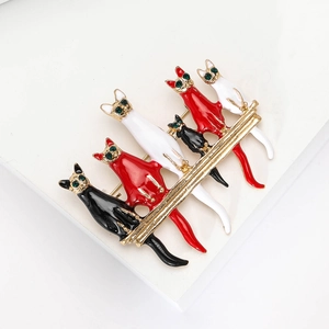 Chic gold alloy enamel brooch featuring six colorful cats with green rhinestone eyes