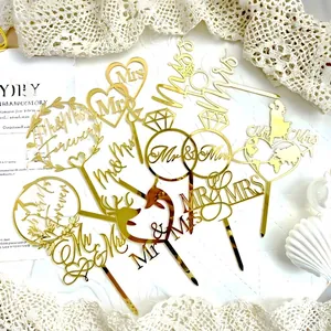 Wedding Cake Topper Mr And Mrs Acrylic Wood Mirror Gold Silver Rose Gold Heart Engagement Party Decor Anniversary