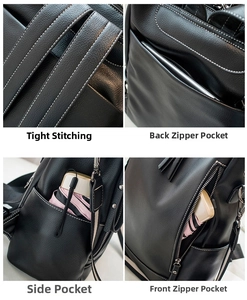 Detail shots of black leather backpack with white stitching and functional zip pockets