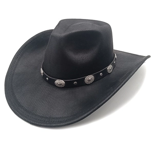 Macro detail of black western cowboy hat texture with studded leather band and rivets