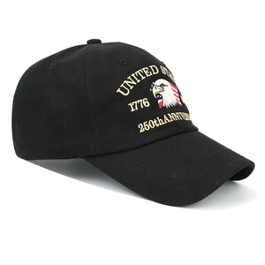 Detail of colorful eagle embroidery on black US 250th Anniversary cotton baseball cap