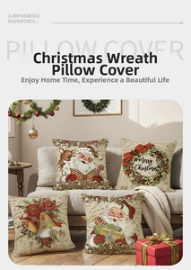 Detailed view of four Christmas pillow covers with Santa and reindeer on a cozy sofa