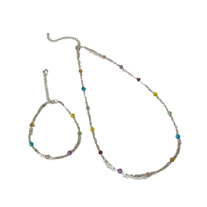 Sweet silver-toned jewelry set with colorful crystal beads including necklace and bracelet