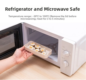 Close-up of double-layer lunch box being placed in microwave for heating at 100°C