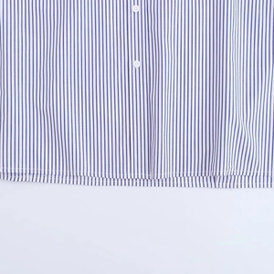 Detailed macro view of blue and white striped shirt hem featuring neat white buttons