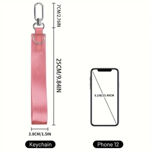 Portachiavi da polso in nylon rosa 25 cm confronto dimensioni con iPhone 12 sfondo bianco