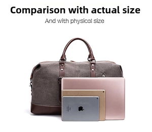 Detailed view of large canvas duffel bag showing interior capacity with several tablets