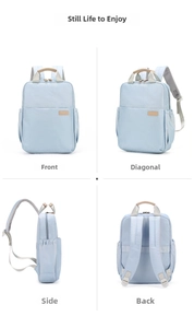 Detailed views of the blue waterproof nylon laptop backpack with leather handle and side pocket
