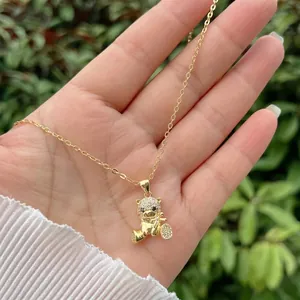 Sparkling 18K gold plated bear necklace with micro-paved cubic zirconia for men and women