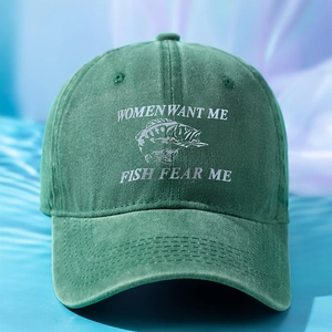Vintage washed green baseball cap with fish graphic and Women Want Me funny embroidery