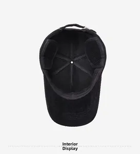 Interior detail of men's winter baseball cap showing corduroy lining and top stitching