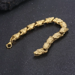 Vintage punk style gold plated stainless steel bracelet with detailed snake head links