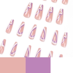 Long trapezoid press-on nails with purple and white wavy lines on a nude pink base