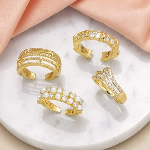 18K Gold Plated Copper Open Rings Adjustable Geometric Zircon Faux Artificial Pearl Irregular Fashion Jewelry For Women