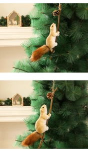 Detail of creative squirrel Christmas tree ornament with natural pine cone and plush texture