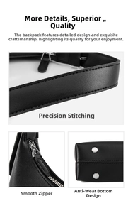 Detail of black leather underarm bag featuring smooth silver zipper and protective metal feet