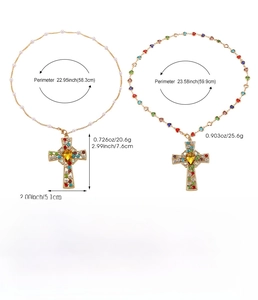 Detailed size chart for cross pendants with pearls and zircon, made of zinc alloy