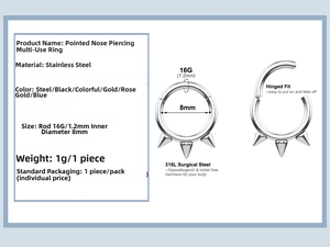Detail view of 16G 316L stainless steel septum hoop with cone closure and 8mm inner diameter