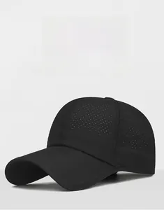 Detail of laser-cut ventilation holes on lightweight black quick-dry baseball cap