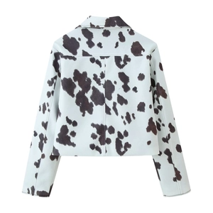 Veste courte style français pour femme avec imprimé vache noir et blanc, vue de dos