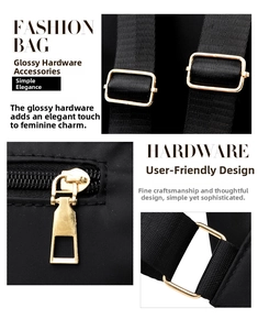 Detailed close-up of golden metal zippers and black nylon straps on a large capacity backpack