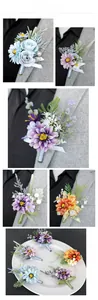 Close-up of artificial rose boutonniere on grey suit with silk ribbon detail