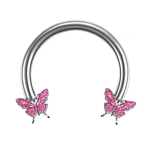 Silver horseshoe ring earring with pink butterfly charms for body piercing jewelry