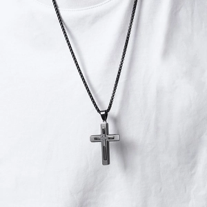 Three-layer cross pendant necklace for men in gunmetal finish with sparkling zircons