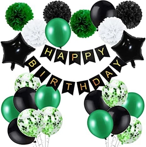Décoration Anniversaire Football Ballons Latex Paillettes Étoile Aluminium Pompons Papier Bannière Happy Birthday Vert Noir Blanc