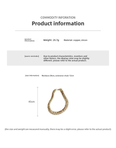 Detail view of gold square necklace with dimensions: 28cm length plus 12cm extension chain