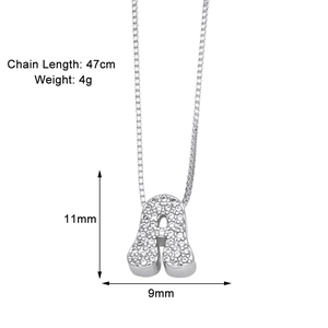 Silver letter A necklace with cubic zirconia showing 47cm length and 11x9mm size
