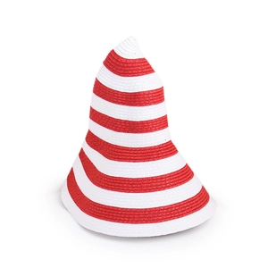 Detail view of the red and white striped wide brim straw hat with fine woven texture