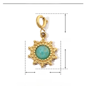 Detail view of gold stainless steel pendant with green natural stone and 20mm dimensions