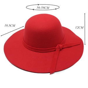 Red wool felt jazz hat with wide wavy brim and decorative band for women and kids