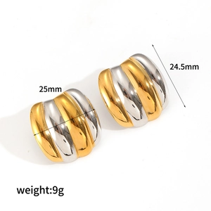 Polished C-shape striped stud earrings in two-tone gold and silver stainless steel