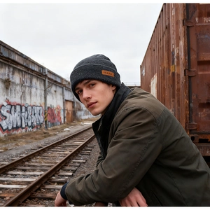Close-up of dark grey winter knitted beanie with brown leather label in urban setting