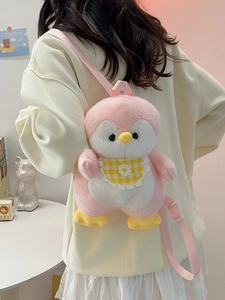Pink plush penguin backpack for girls featuring a cute yellow checkered bib detail