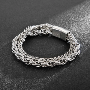 Polished silver double-layer titanium steel braided chain bracelet for men with metal clasp