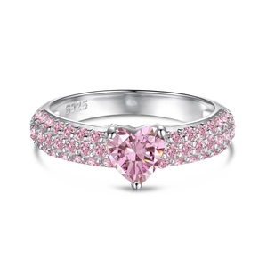 S925 sterling silver ring featuring a heart-shaped pink gemstone and pave setting