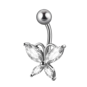 Polished stainless steel belly button ring with butterfly zircon pendant on white background