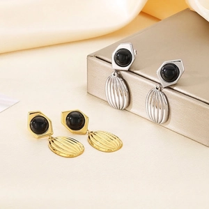 Vintage French Style Stainless Steel Cat's Eye Drop Earrings For Women Hexagon Oval Striped Pendant Geometric Jewelry