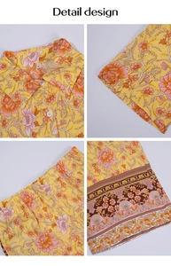 Détails de l'ensemble bohème jaune fleuri montrant la taille élastique et l'ourlet