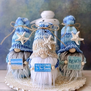 Summer Beach Gnome Ornaments Knitted Faceless Doll With Starfish Decor And Wood Sign Ocean Theme Home Tabletop Decor