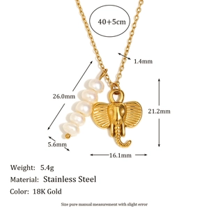 18K gold-plated stainless steel necklace with elephant pendant and pearl beads details