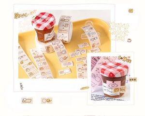 Detailed view of bakery and coffee themed washi tape with cute toast and jam stickers