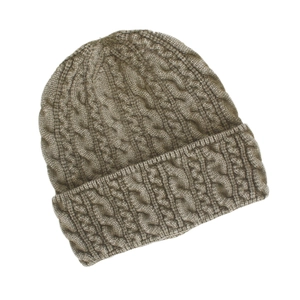 Close-up of the cable-knit texture and thick brown yarn on this warm winter beanie