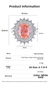 Detailed size chart for the S925 silver ring featuring an oval pink high carbon diamond