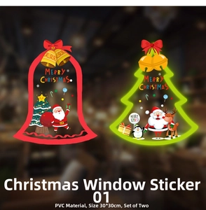 Detail of PVC Christmas window stickers featuring Santa Claus and reindeer motifs, 30x30cm