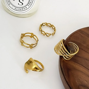 Ensemble de bagues en acier inoxydable plaqué or 18K avec cœur et lignes irrégulières