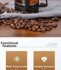 Detail view of French Press with stainless steel filter on a rustic wooden table